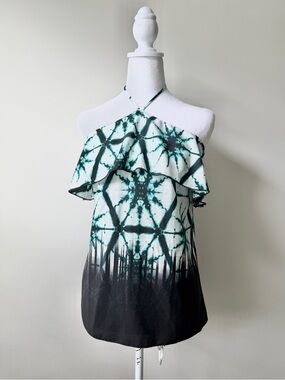 Preloved Tie-Dye Halter Ruffle Women's Top in Teal and Black